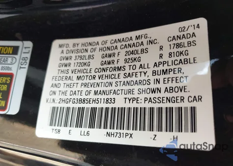 2014 Honda Civic Ex from USA, damaged, VIN 2HGFG3B85EH511833
